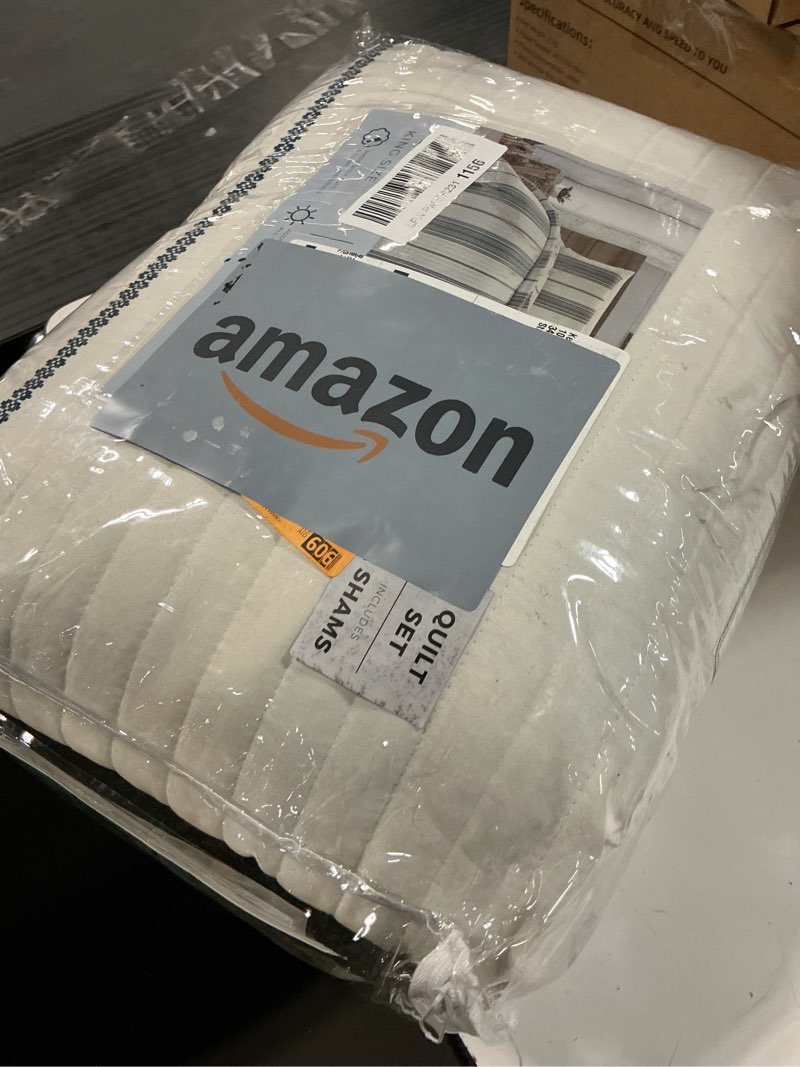 Condition photo showing New/Like New for Great Bay Home King Reversible Quilt Bedding Set - All Season, Modern, Lightweight Bedspreads - White and Navy Striped Coverlets (Includes 1 Quilt, 2 Pillow Shams) King / California King White / Navy