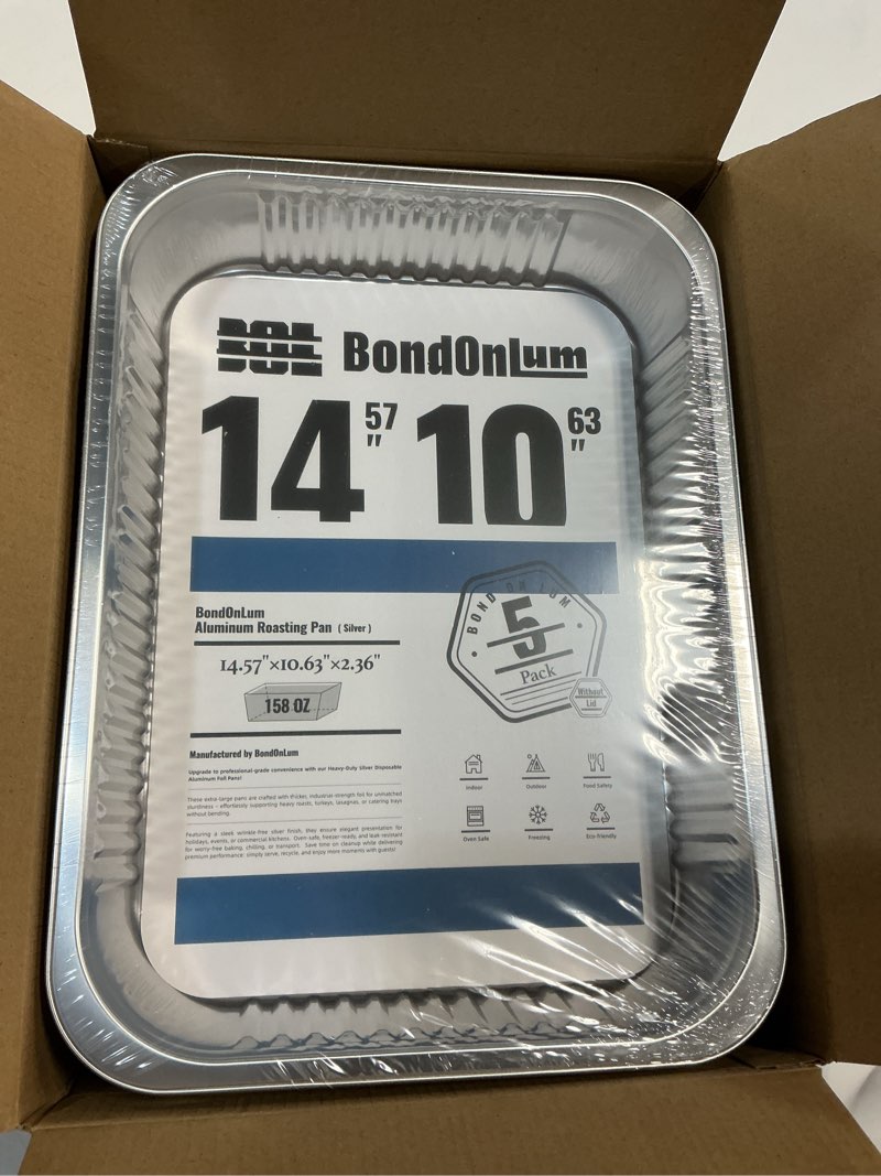 Condition photo showing New/Like New for aluminum foil pans, extra heavy duty disposable aluminum baking pans, 14.57"×10.63" steam table pans for cooking, heating, storing, prepping roasting and chafing (5 pack silver)