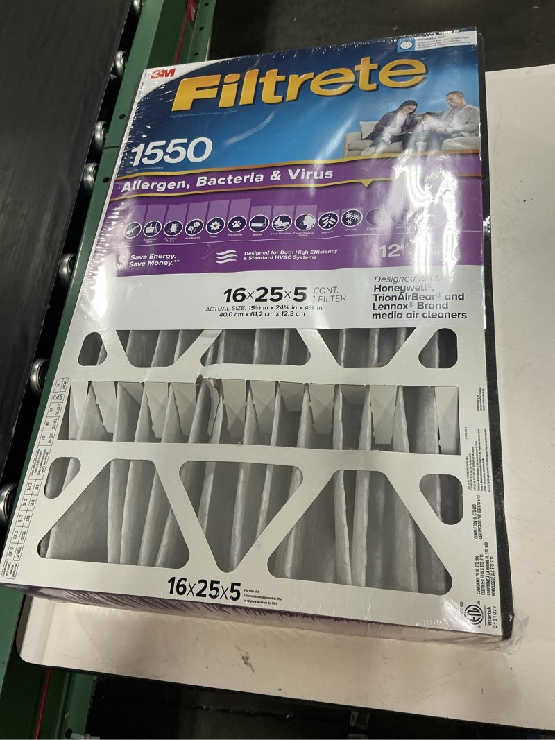 Condition photo showing New/Like New for filtrete 16x25x5 ac furnace air filter, mpr 1550, merv 12, fits honeywell & trion airbear, certified asthma & allergy friendly, electrostatic air filter, 1-pack (actual size 15.75 x 24.13 x 4.88) 15.8" x 24.1" x 4.9"