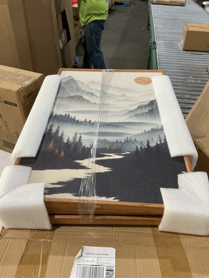 Condition photo showing New/Like New for ausril watercolor mountain forest framed canvas wall art set, wood foggy lake wall decor, misty pine tree wall painting, neutral nature landscape art print for living room, bedroom, office - 16"x24"x3 watercolor misty forest 16"l x 24"w