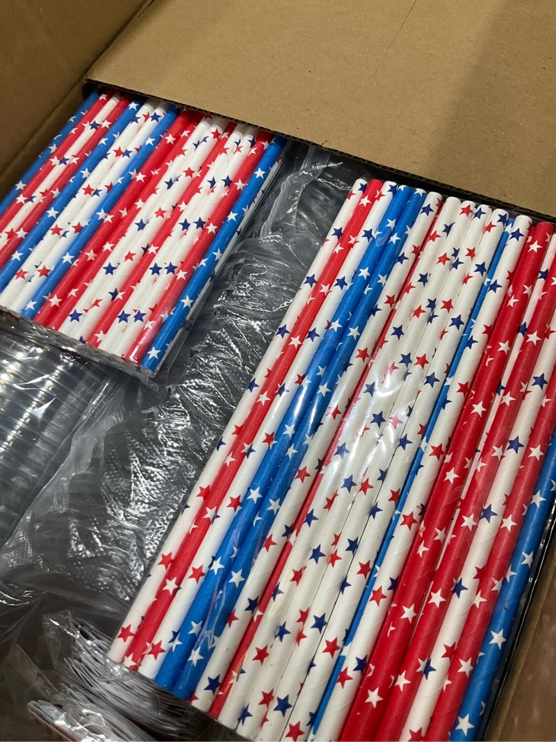 Condition photo showing Good Condition for tchrules 100 sets 16oz clear plastic cups with lids & paper straws stickers for usa 250th anniversary 4th of july party, disposable round bottom patriotic cups for memorial day birthday decor supplies clear cups with red+blue+white straw 16oz