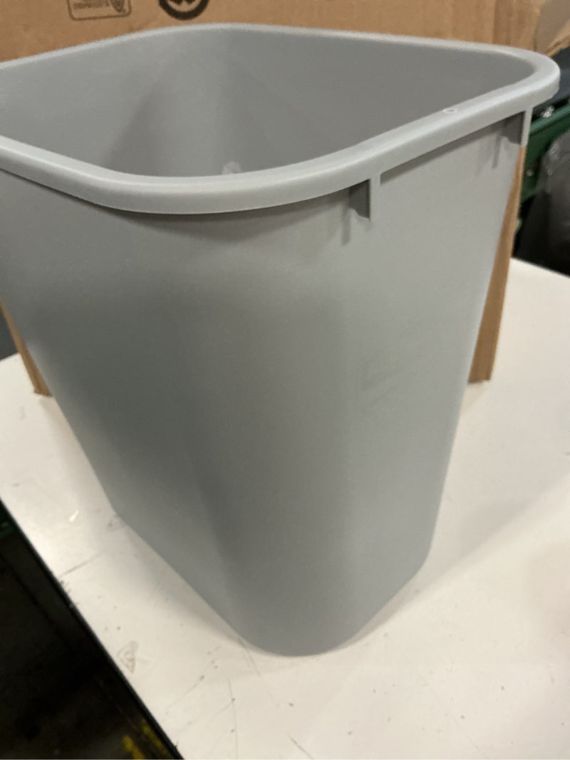 Condition photo showing As Is for rubbermaid commercial products resin wastebasket/trash can, 7-gallon/28-quart, gray, plastic, for bedroom/bathroom/office, fits under desk/sink/cabinet 7 gallons gray 1