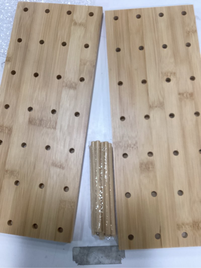 Condition photo showing Good Condition for Beige Wood Pegboard Modular Display Wooden Pegboard Combination Wall Organizer Storage Wall Hooks Shelf for Home, Office, Bathroom, Comes with 2 Pieces Pegboards Begie