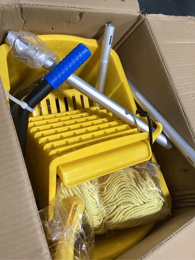 Condition photo showing New/Like New for 35-qt side press wringer combo commercial floor cleaning rectangular mop bucket on wheels, yellow,add one commercial mop and one mop head replacement