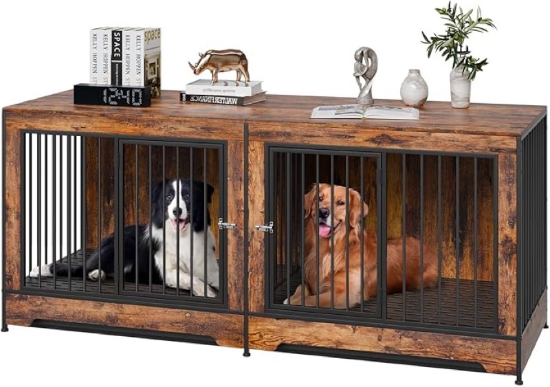 vevor 75" dog crate furniture for 2 dogs,extra large double dog crate furniture large breed with divider & double doors,large wooden dog crate furniture tv stand for medium large dogs brown