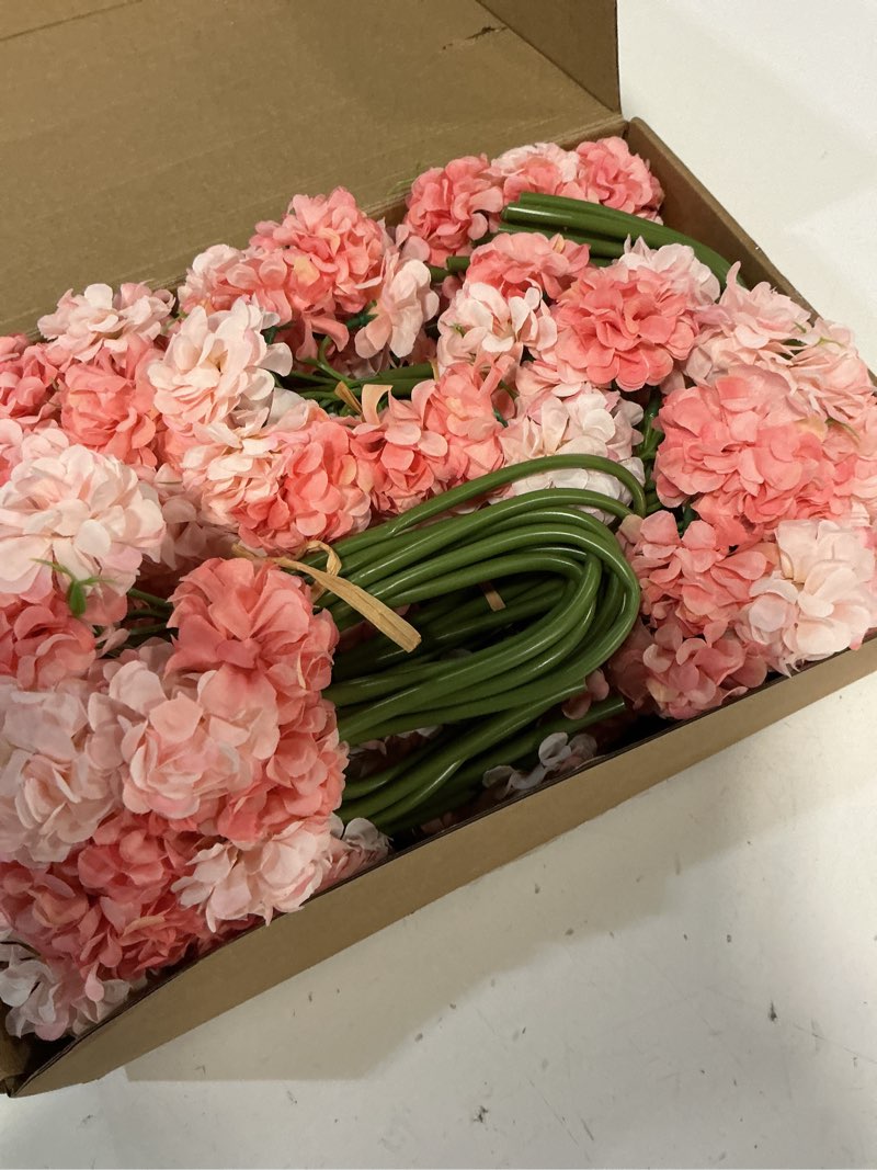 Condition photo showing Good Condition for 72 Pcs Pink Hydrangea Artificial Flowers, Round Floral Bouquet for Home Decor, Wedding, Party, and Seasonal Decoration, Realistic Fake Flowers for Centerpieces, Aisle, Table Arrangements