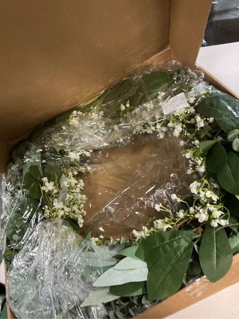 Condition photo showing Good Condition for 32'' eucalyptus and babys breath flowers wreath for front door - large artificial greenery outdoor wreath for porch,window,farmhouse,home,hanging decor- spring, summer, all seasons (green-white) 32"