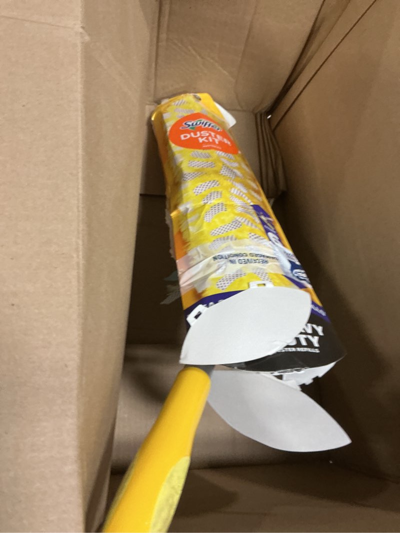 Condition photo showing As Is for swiffer duster kit with 6 ft super extendable handle, heavy duty starter kit with 8 refills