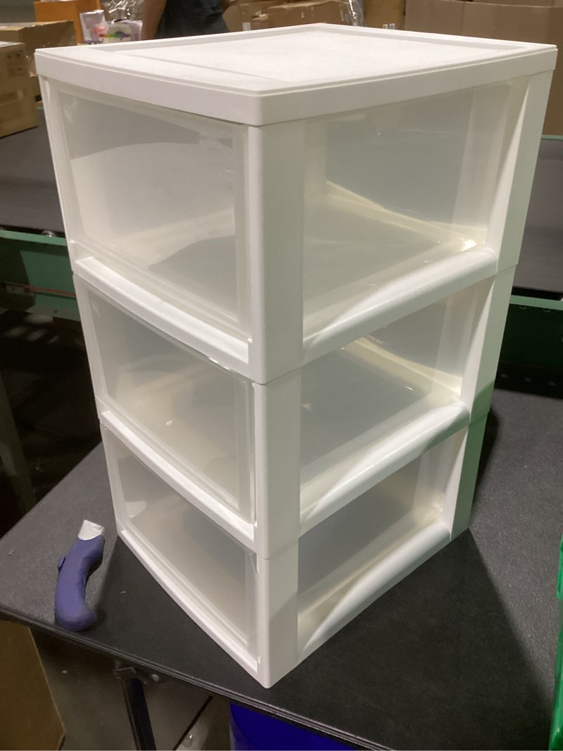 Condition photo showing New/Like New for IRIS USA 14.5 Qt. Plastic Drawer Storage Organizer Stacking Drawers, 3-Pack, Stackable Unit with Sliding Drawer for Clothes Bedroom Kitchen Under Sink Pantry Craft Room Bathroom Dorm Office, White 3 Pack 14 Qt.