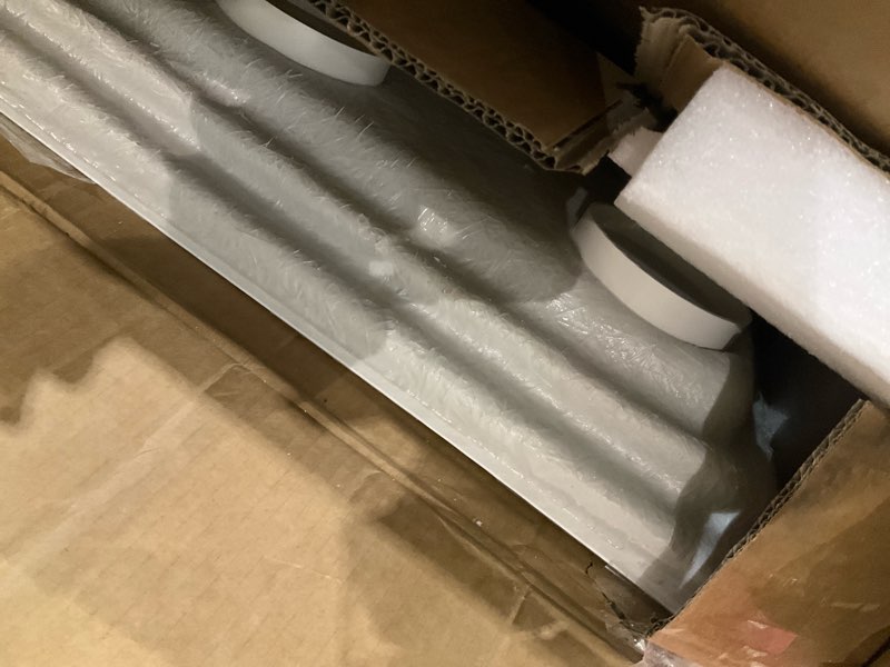 Condition photo showing As Is for dreamline slimline 32 in. d x 60 in. w x 2 3/4 in. h left drain single threshold shower base in white, dlt-1132601 white 32 inch d x 60 inch w left drain