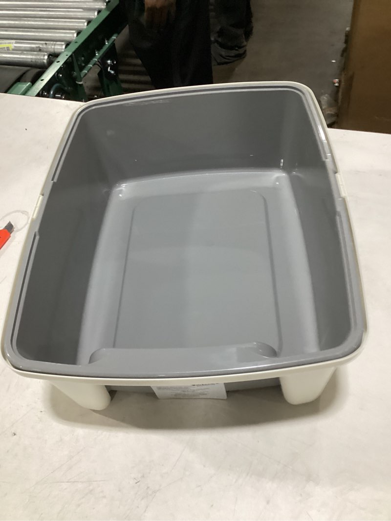 Condition photo showing Good Condition for Amazon Basics Large Cat Litter Box with High Sides, Open Top, Includes Scoop, 19 x 15 x 11.75 inches, Grey/Beige