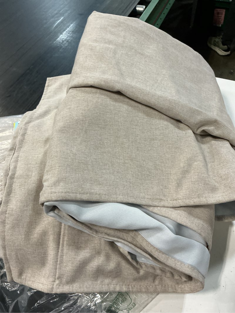 Condition photo showing As Is for lamit 100% blackout oatmeal linen curtains, 95 inches linen textured thermal bedroom curtains back tab and rod pocket neutral panels with white liner for farmhouse, 2 panels, 52 x 63 inch 52\"w x 95\"l (pack of 2) oatmeal