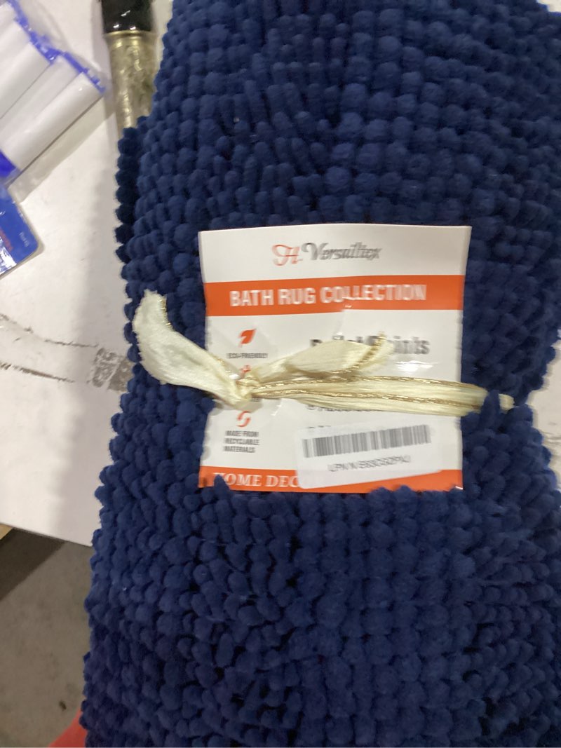 Condition photo showing Good Condition for h.versailtex navy blue bathroom rugs 2 piece, bath mat set slip-resistant extra absorbent soft and fluffy striped chenille bath rugs, floor mats dry fast machine washable (20" x 32"/17" x 24") 20" x 32" plus 17" x 24" navy