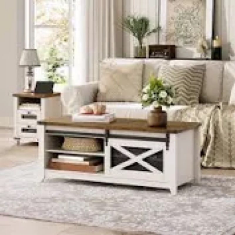 (Incomplete) Alsacia 47.2\" Farmhouse Coffee Table,Coffee Table with Storage and Sliding Barn Door for Living Room