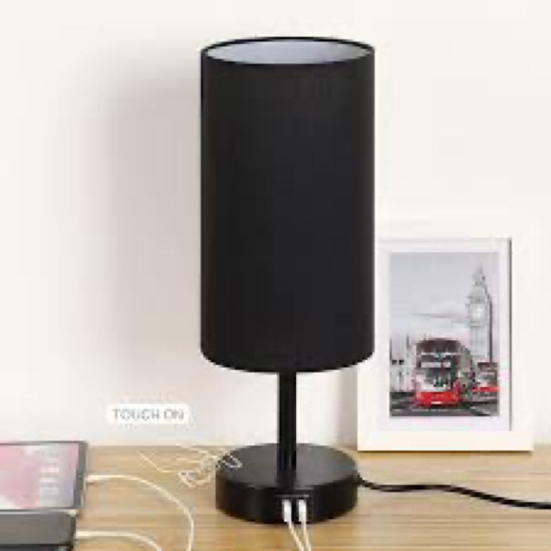 Touch Control Table Lamp for Bedroom 3 Way Dimmable Bedside Lamp with USB Portwith Round Black Fabric Shade (LED Bulb Included)