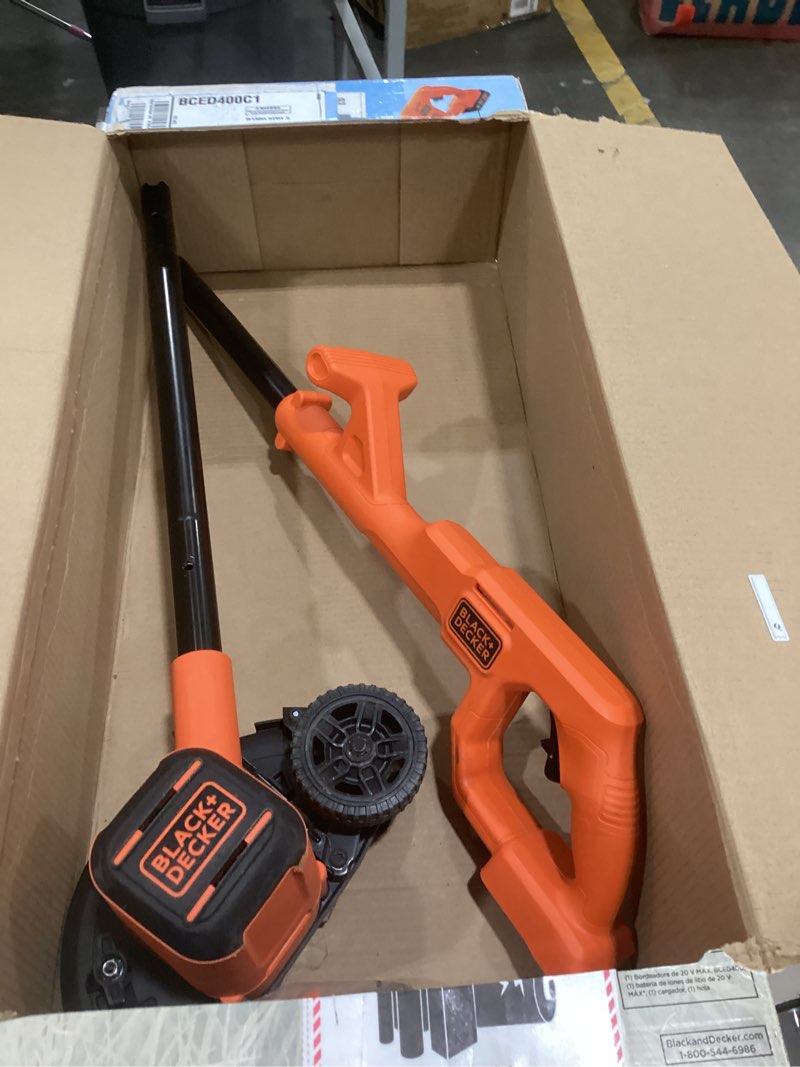 Condition photo showing As Is for black+decker 20v max cordless edger lawn kit, 1.5 ah battery & charger included, 4 position adjustable height, lightweight, 7.5" double edge blade (bced400c1)