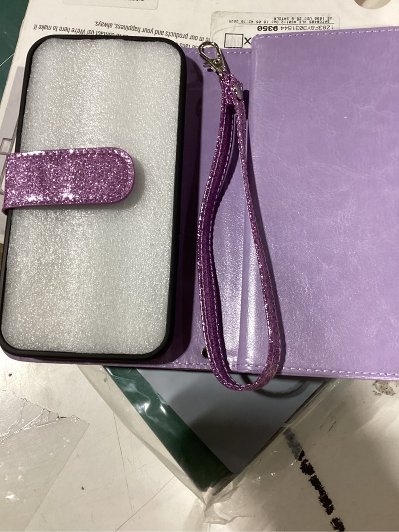 Condition photo showing Good Condition for Varikke for iPhone 14 Wallet Case Detachable with Card Holder for Women, Fashion Glitter PU Leather Wrist Strap Strong Magnetic Flip Wallet Removable Phone Case Cover for iPhone 14 6.1", Light Purple iPhone 14 6.1" Light Purple