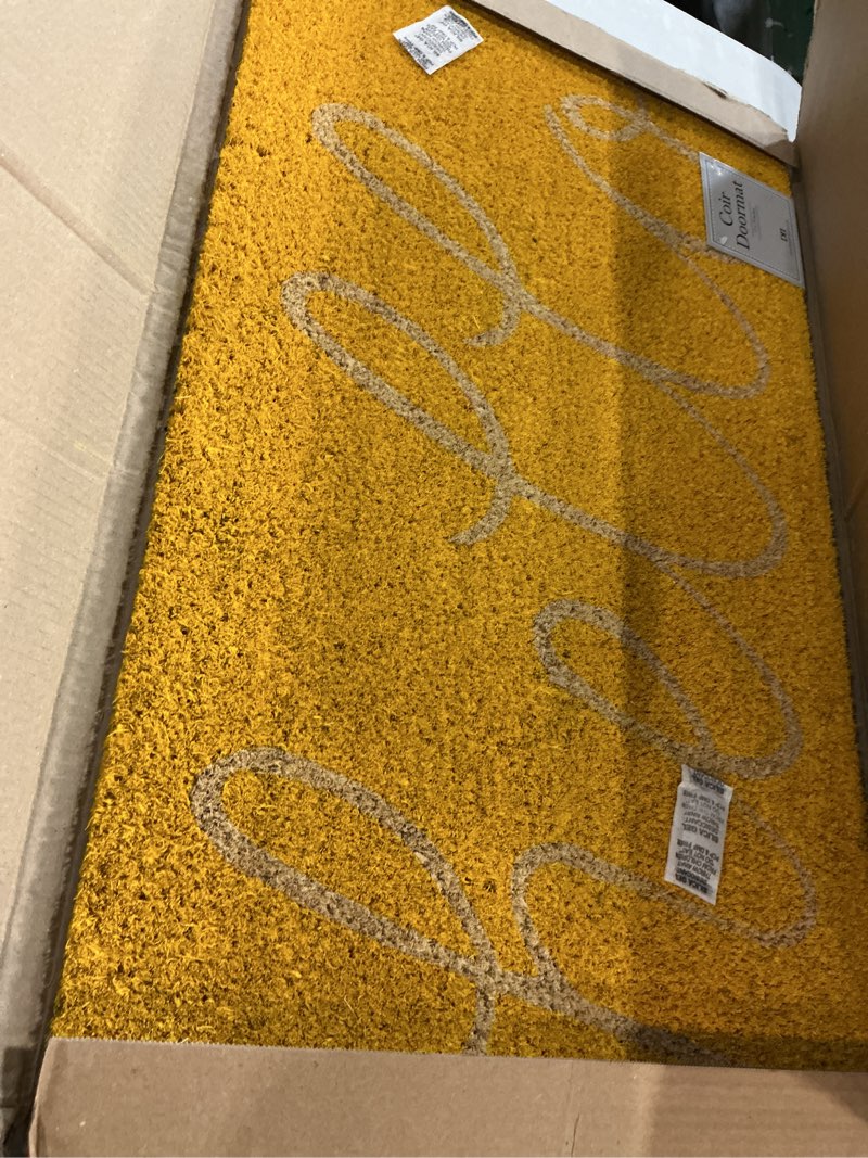 Condition photo showing Good Condition for dii hello coir fiber doormat non-slip durable outdoor/indoor, pet friendly, 17.5x29.5, yellow