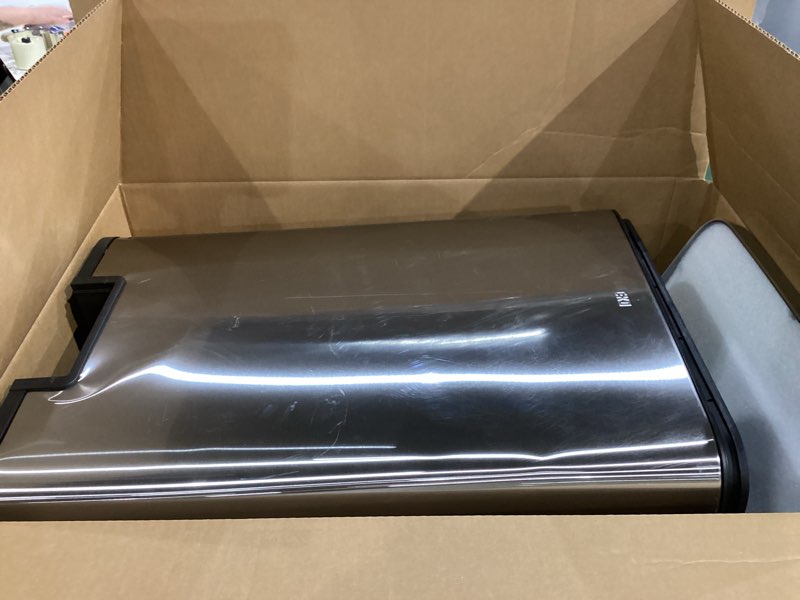 Condition photo showing As Is for eko madison brushed stainless 50 liter/13.2 gallon step trash can with inner liner - fingerprint resistant finish 50l brushed stainless