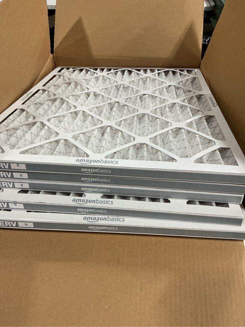 Condition photo showing As Is for amazon basics 20x25x1 air filter 6-pack, merv 8 ac furnace filters, removes dust, electrostatic, allergy control (actual size: 19.75\" x 24.75\" x 0.75\") 20x25x1 merv 8 (missing 1)