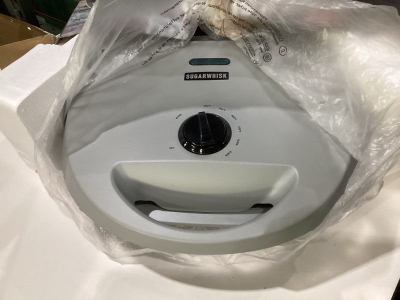Condition photo showing As Is for sugarwhisk family-sized contact grill, 6-serving electric indoor grill with adjustable temp control, ceramic coating, 1500w, silver, not tested