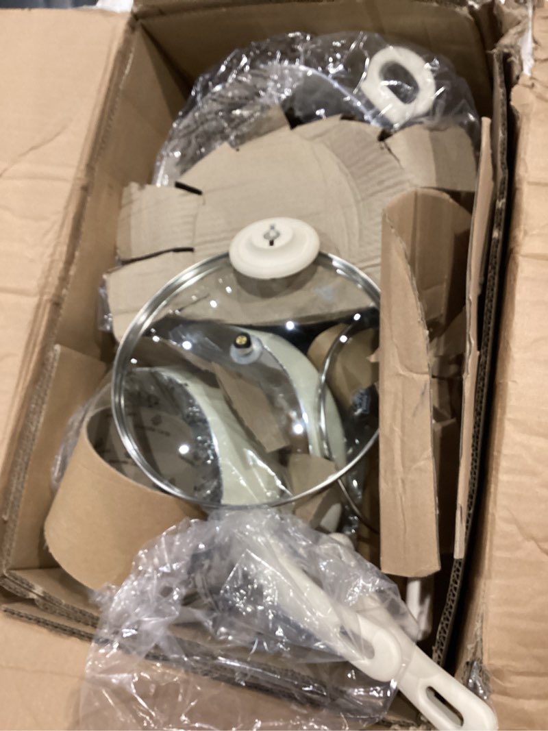 Condition photo showing As Is for greenlife 8 piece nonstick cookware set, non-toxic pfas-free ceramic pots & pans, dishwasher & oven safe, frying, sauce, stock pot, glass lids, stay-cool handles, wobble free, cream 8 piece cookware set cream