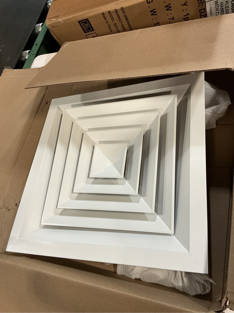 Condition photo showing Good Condition for PATIKIL 11" x 11" Square Ceiling Diffuser,Aluminum Square Vent Cover HVAC Ceiling Diffuser for HVAC System Horizontal Flow Duct Industrial Home Office,White, 14" x 14" Ducting Opening Size 11 x 11 Inch
