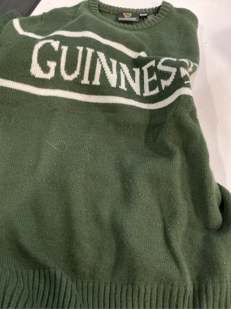 Condition photo showing Good Condition for ( size:xs)guinness traditional craft men's knit jumper with white text, bottle green x-small