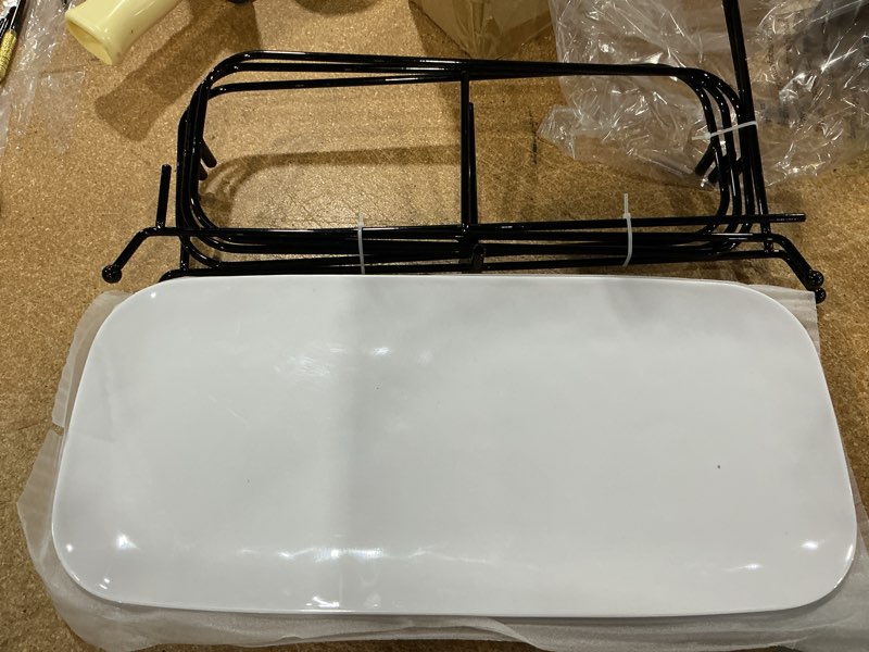 Condition photo showing Good Condition for 3 tiered serving platter, 3-piece 14.75" melamine tray and tier rack, rectangular food display stand with white melamine platters - serving trays for parties