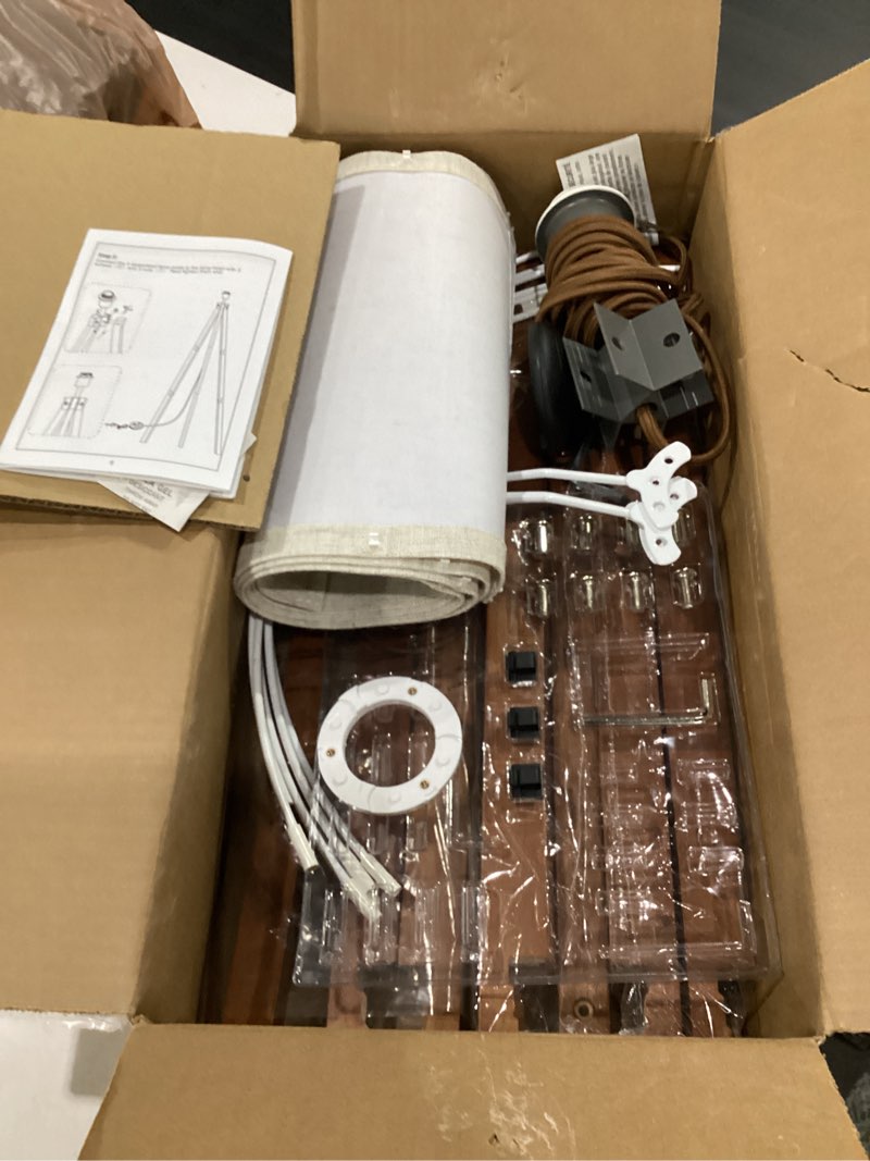 Condition photo showing New/Like New for lepower wood tripod floor lamp, mid century standing lamp, modern design studying light for living room, bedroom, study room and office, flaxen linen shade with e26 base brown brown tripod holder