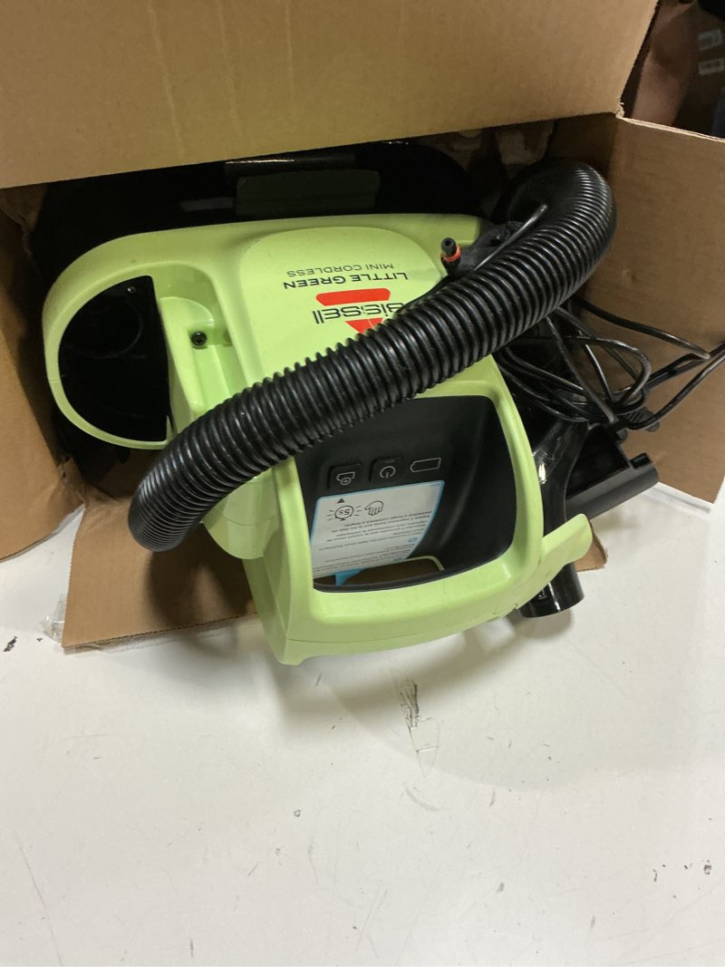 Condition photo showing As Is for (incomplete, missing pcs)bissell little green mini cordless portable carpet and upholstery deep cleaner, car/auto detailer, with hydrorinse self-cleaning tool and 4\" tough stain tool, 4015
