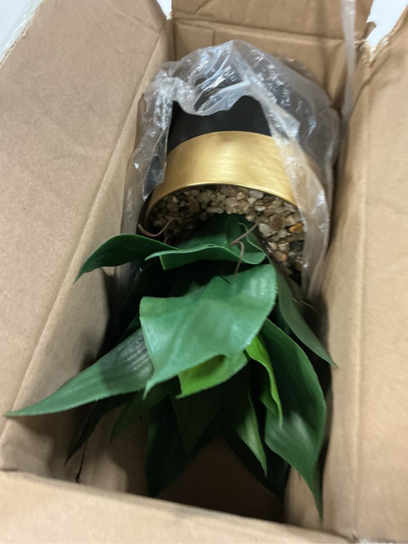 Condition photo showing New/Like New for briful agave artificial wide leaf plant in black and gold pot – 10.2” tall faux greenery with plastic leaves & pebble base, fake plants for indoor table decor, desk, shelf, office or bathroom green and gray agave gold black vase