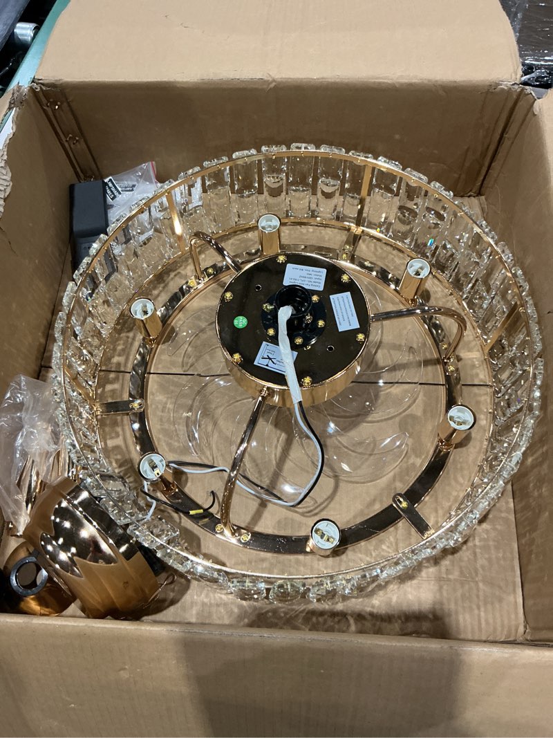 Condition photo showing As Is for siljoy 20'' gold caged crystal ceiling fan with light, modern bladeless chandelier fan with remote, 6 speeds, noiseless dc motor, enclosed fandelier for living room bedroom nursery downrod mount 19.7 inch