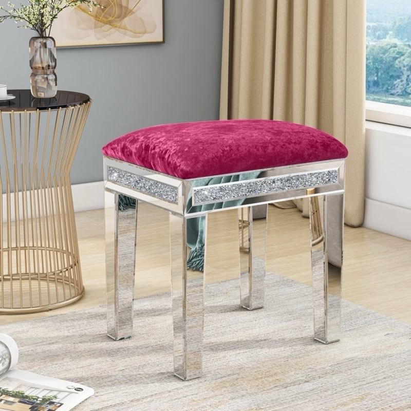 Mirrored Vanity Stool with Storage, Upholstered Velvet Ottoman, Makeup Silver & Red