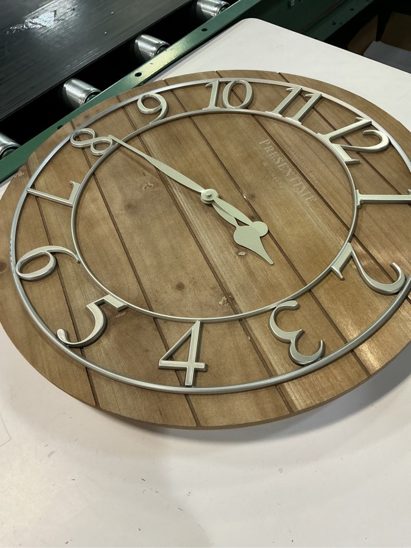 Condition photo showing As Is for Presentime & Co Vintage Farmhouse Shiplap Clock, 19.5 inch, Silver Arabic Numerals with Weathered Pine Wood Shiplap Style. Large Farmhouse Decor for Living Room, Entryway, Home Office, Wall Décor Silver With Weathered Pine Wood