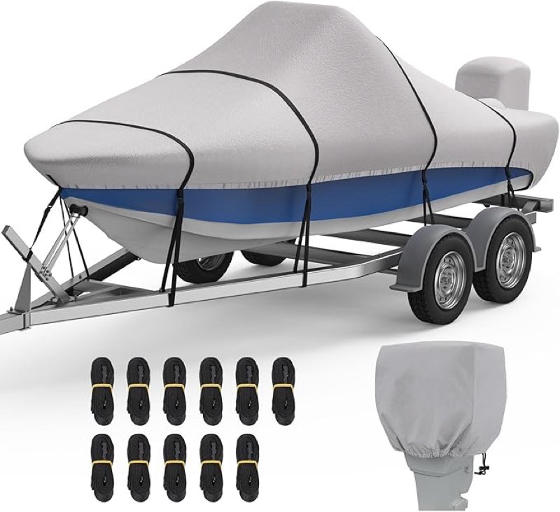 RVMasking Center Console Boat Cover, 1200D Middle for V-Hull Runabouts Bass Boats with Motor Cover Fits 16'-18.5' Long and Beam Width up to 98" W, Gray