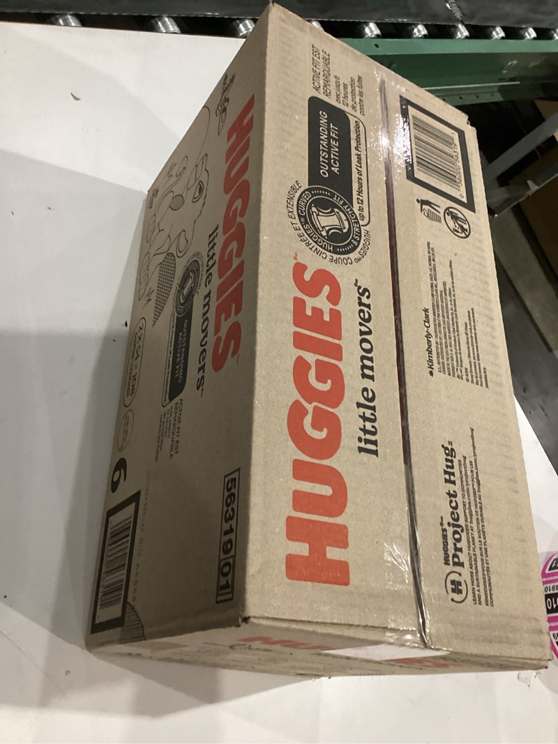Condition photo showing New/Like New for huggies size 6 diapers, little movers baby diapers, size 6 (35+ lbs), 108 count (2 packs of 54), packaging may vary