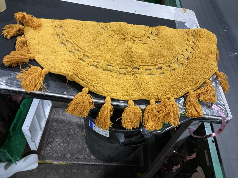 Condition photo showing As Is for Boho Bathroom Rugs - Half-Circle Cotton Rug with Crochet Insert, Tassels & Non-Slip Backing - Soft Bohemian Bath Mat for Bathroom, Bedroom or Entryway - Yellow Mustard 42x22 Semi-Circle Mustard