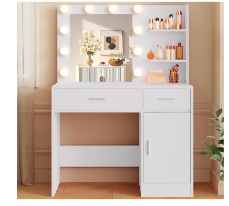 Lighted Makeup Vanity Desk, 35.4“W x 15.7'”D x 54“H, White (with Lights and Mirror, Dimming Function, 2 Drawers and 1 Cabiniet, Open Shelves) by Boahaus
