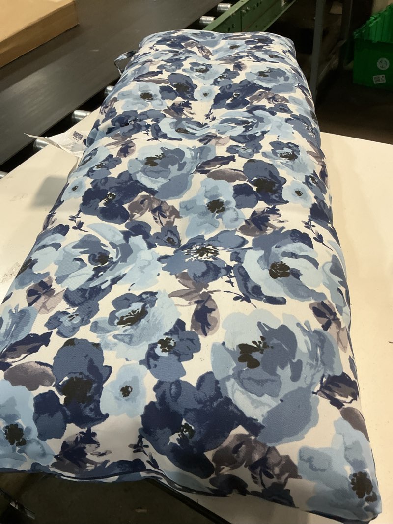 Condition photo showing Good Condition for arden selections outdoor plush modern tufted bench cushion, 48 x 18, water repellent, fade resistant, tufted bench cushion for bench and swing 48 x 18, blue garden floral