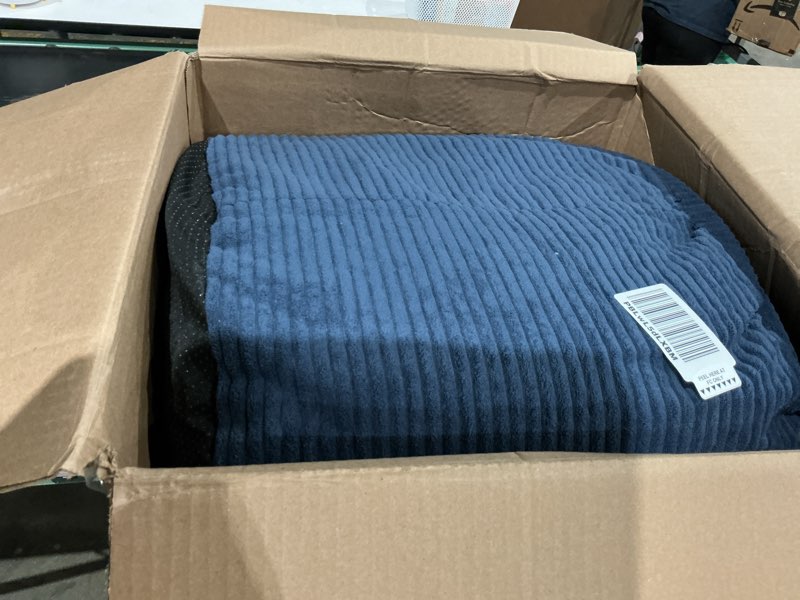 Condition photo showing As Is for 26" x 26" x 18" pouf ottoman foot rest, pre-stuffed round foot stool with odorless shredded memory foam, furry & fluffy corduroy footrest for living room, navy navy 26"d x 26"w x 18"h