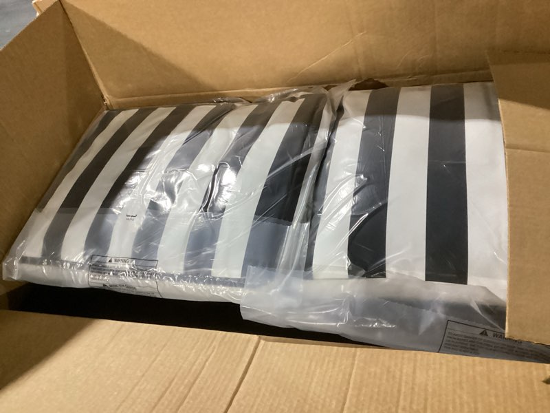 Condition photo showing New/Like New for arden outdoor loveseat cushion set, 48 x 24, water repellent, fade resistant, cushion set for couch, bench, and swing, black cabana stripe