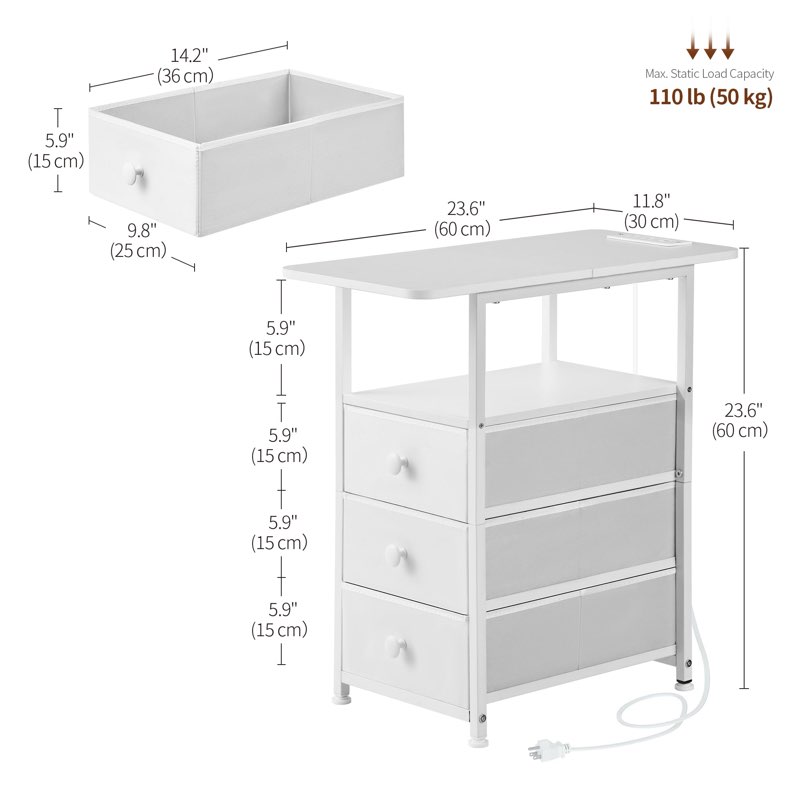 narrow end table with charging station, narrow side table with 3 fabric drawers