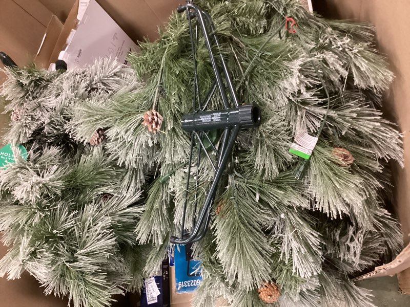 Condition photo showing As Is for Holiday Living 7.5-ft Flocked Snowy Berkshire Pre-lit Artificial Christmas Tree with White LED