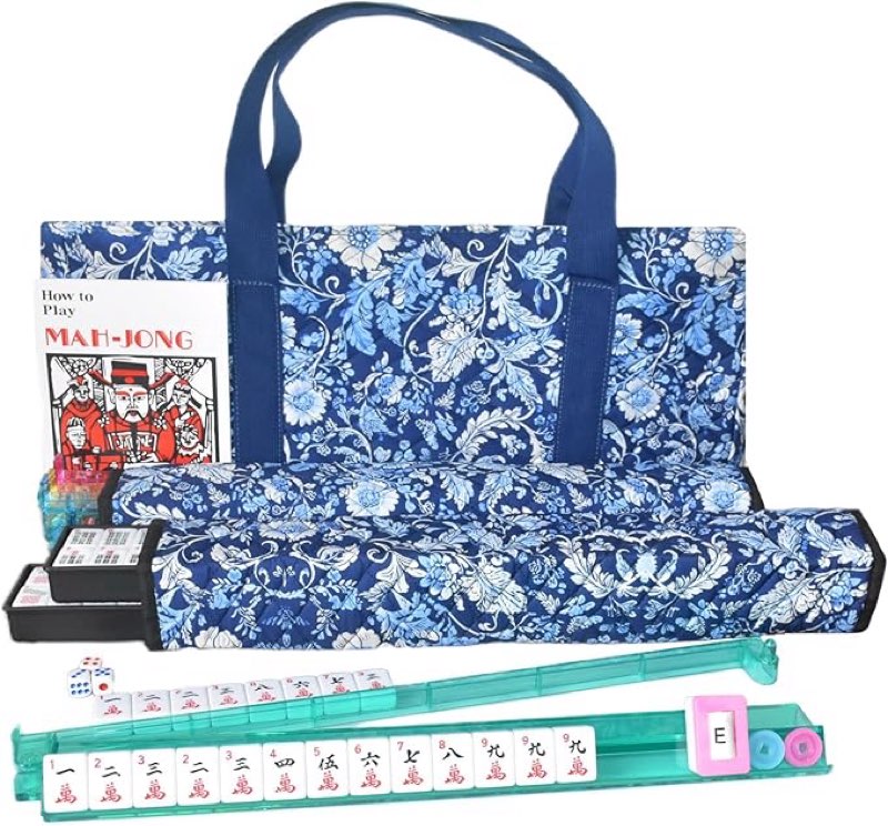 American Mahjong Set,166 Premium White Tiles,4 All-in-One Mahjong Racks/Pushers,Complete Western Mahjong with Soft Blue Printed Carrying Bag