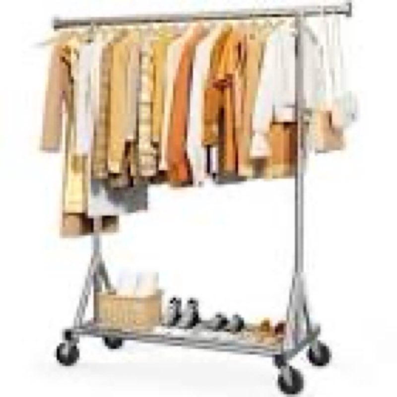 sakugi clothes rack - heavy-duty stainless-steel clothing rack for hanging clothes with mesh shelf & lockable wheels, versatile garment organizer with anti-slip stoppers, silver