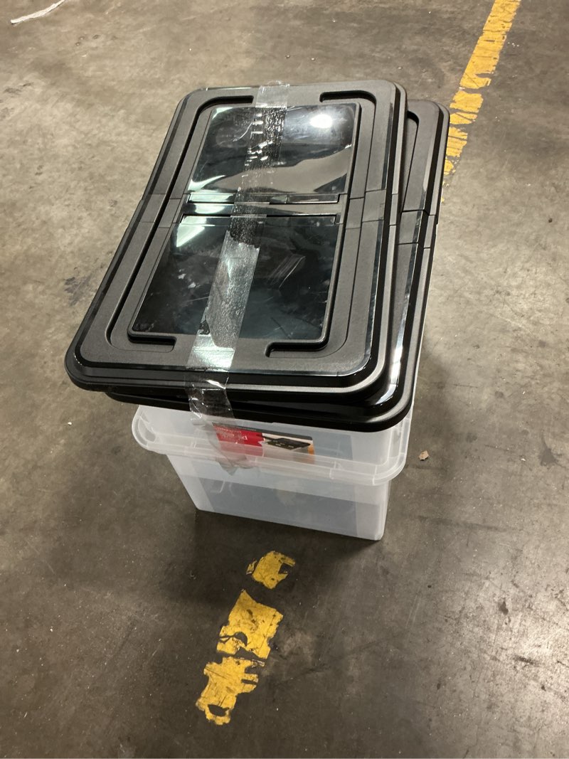 Condition photo showing Good Condition for 2pcs office depot stackable file tote box, letter size, 14 1/4in. x 23 3/8in. x 10 7/8in., black/clear, 139732