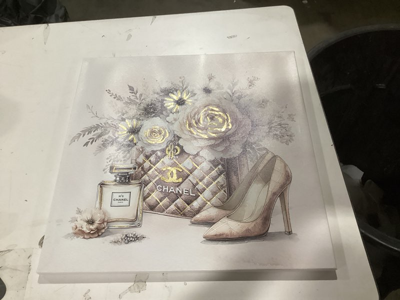 Condition photo showing Good Condition for cozy country Chanel-Inspired Canvas Wall Art - 20x20 Inches Luxury Fashion Artwork Print, Featuring Perfume, Handbags, High Heels & Flowers, Perfect for Bathroom & Women's Room Decor High Heels picture 20"L x 20"W