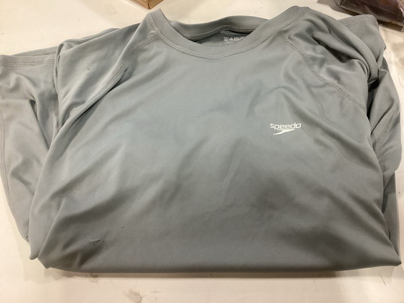 Condition photo showing As Is for Speedo Men's Standard Uv Swim Shirt Short Sleeve Regular Fit Solid, Monument, Large