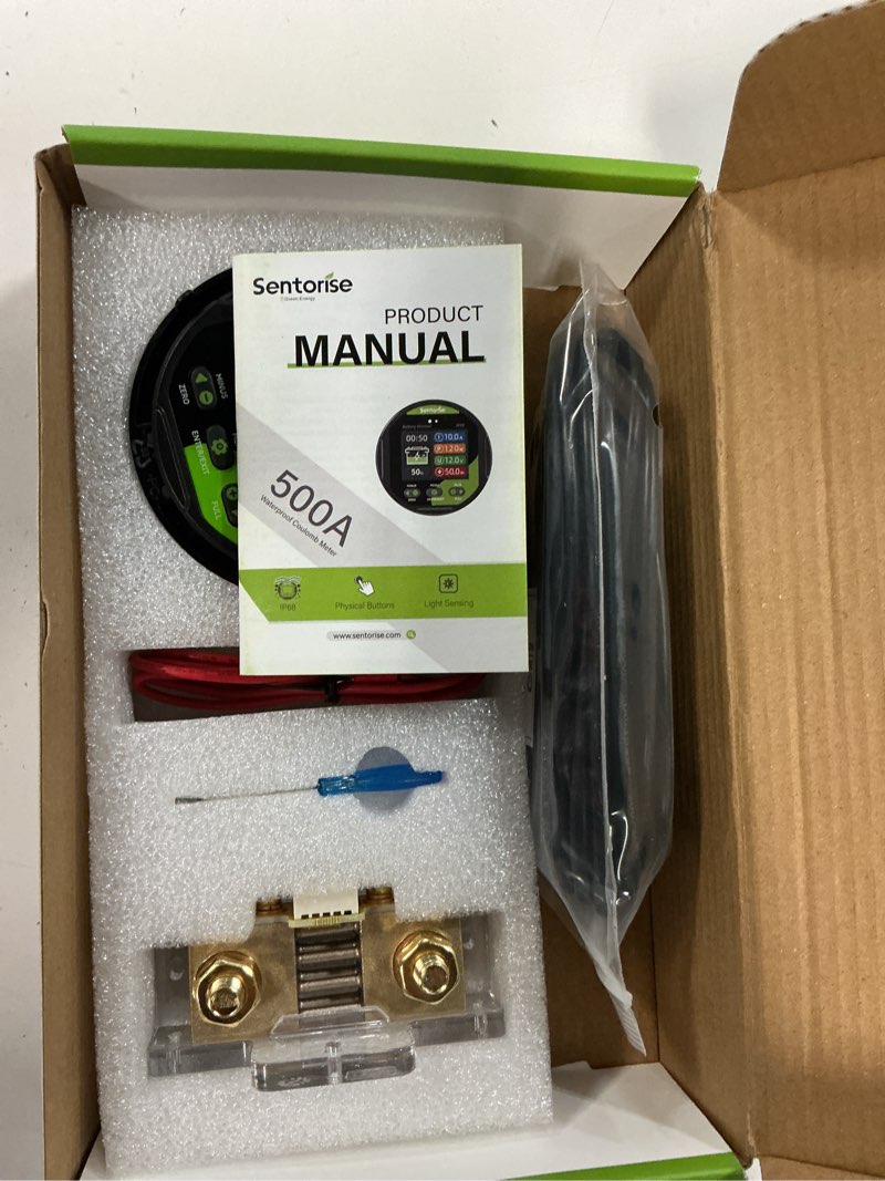 Condition photo showing Good Condition for 0-500a battery monitor with shunt, 8-120v ip68 waterproof lcd screen with buzzer alarm for rv solar marine off-grid system, capacity percentage time power voltmeter display black round-500a
